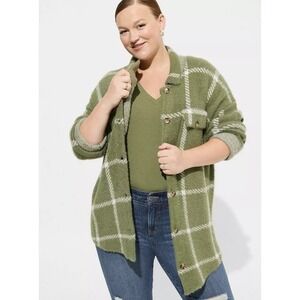 Torrid Sage Green Plaid Eyelash Knit Shacket Button Front Fuzzy Jacket Size 1 L